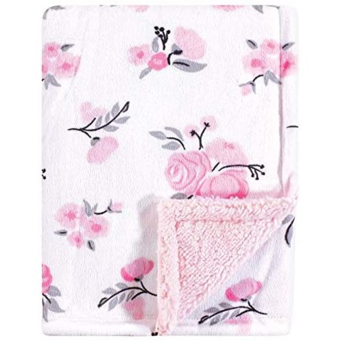 Hudson Baby Unisex Baby Plush Mink and Sherpa Blanket, Pink Floral, One Size