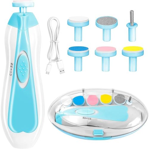 Electric Nail File Drill for Baby No Sharp Claws Hurt, 6 in 1 Safety Cutter Trimmer Clipper for Toes and Fingers (Blue)