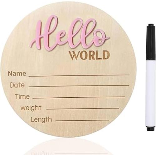 Baby Announcement Sign, ​5.9 Inch Wooden Hello World Newborn Signs, Birth Announcement Sign, Baby Shower Hospital Nursery for Newborn Boys and Girls (Pink,Pen)