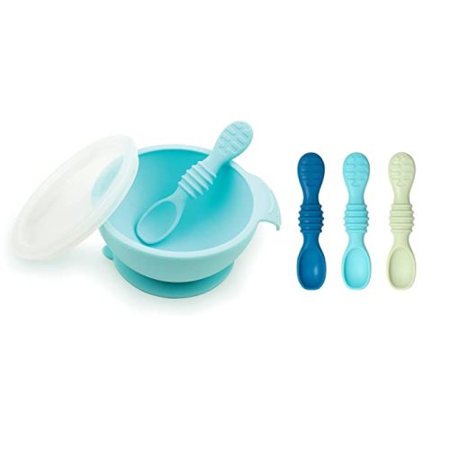 Bumkins Baby Bowl, Silicone Feeding Set with Suction for Baby and Toddler, Includes 4 Spoons and Lid, First Feeding Set, Training Essentials for Baby Led Weaning for Babies 4 Months Up, Blue