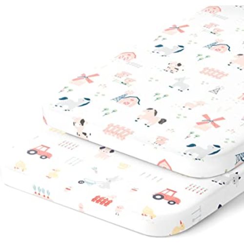 Bedside Sleeper Bassinet Fitted Sheets 33x20 for Maxi COSI Iora, Koola Baby, Baby Joy, Angelbliss, Kidsclub Bedside Bassinet – 100% Jersey Cotton – Farm Animals – 2 Pack