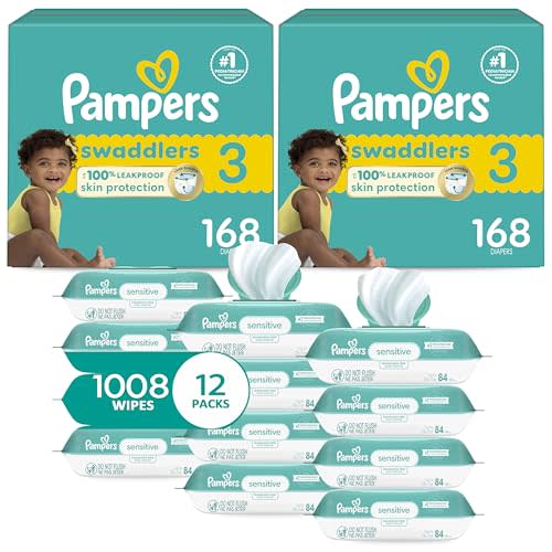 Pampers Swaddlers Disposable Baby Diapers Size 3, 2 Month Supply (2 x 168 Count) with Sensitive Water Based Baby Wipes 12X Multi Pack Pop-Top and Refill (1008 Count)