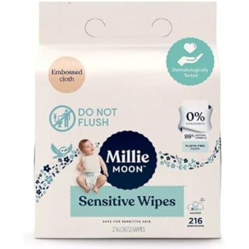 Millie Moon Sensitive Wipes (216 Count)-3 Packs of 72 Wipes in (1Box)