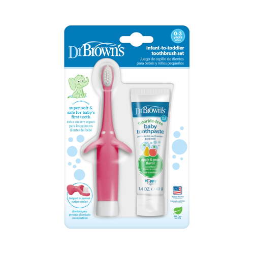 Dr. Brown's Infant-to-Toddler Training Toothbrush Set, Pink Elephant with Fluoride-Free Apple Pear Baby Toothpaste, 0-3 years (Colors May Vary) C17