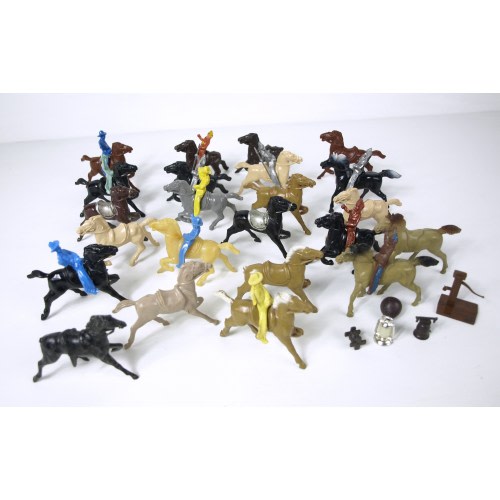 Vintage Lot of Plastic Toy Cowboys, Native Warriors & Horses - 35 Pieces Included - American West Playset - Good, Used condition