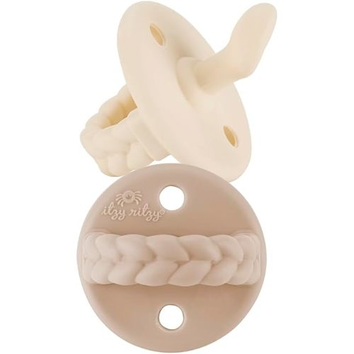 Itzy Ritzy Sucettes orthodontiques en silicone avec poignée pliable et deux trous d'aération pour plus de sécurité, tétines pour bébé de 6 à 18 mois (crème au beurre et pain grillé)