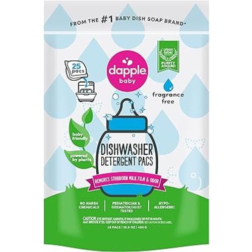 DAPPLE Baby Dishwasher Pacs, Fragrance Free Dishwasher Pods, Plant Based, Hypoallergenic, 25 Count
