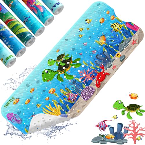 XIYUNTE Baby Bath Mat for Tub Non Slip Kids Bath Mat - 40''x16'' Extra Long Cartoon Bathtub Mat Non Slip Kids Shower Mat Eco-Friendly Toddler Bath Mats with Suction Cups, Machine Washable, Sea Turtle