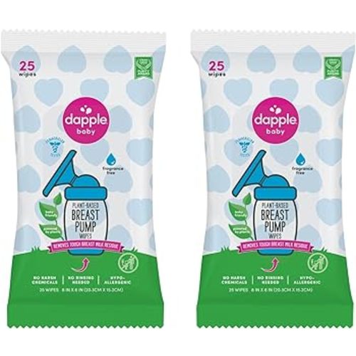 Dapple Baby Breast Pump Cleaner Wipes, Fragrance Free, 25 Count (Pack of 2) - Travel Breast Pump Cleaning Wipes Made in The USA