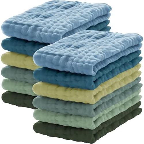 Lovely Care 12 Pack Muslin Burp Cloths 100% Cotton Muslin Cloths Large 20''x10'' Extra Soft and Absorbent Baby Burping Cloth - Sage, Teal and Blue