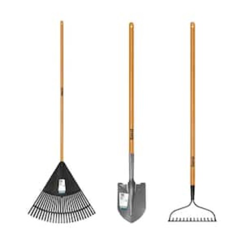3-Piece Wood Handle Garden Essentials Tool Set (Poly Leaf Rake, Digging Shovel and Bow Rake)