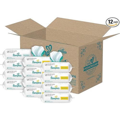 Pampers Sensitive Baby Wipes - Baby Wipes Combo, 84 Count (Pack of 12), Water Based, Hypoallergenic and Unscented (Packaging May Vary)