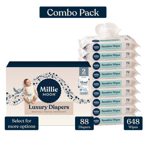 Millie Moon Luxury Diapers, Size 2, 88 Count, and Millie Moon Sensitive Baby Wipes, 9 Pack, 648 Wipes (Select for More Options)