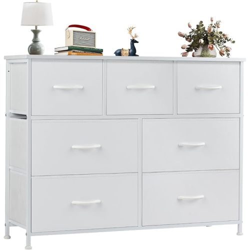 OLIXIS Dresser for Bedroom, 7 Storage Drawers, Wide Fabric Closet Chests Organizer Tower Furniture, TV Stand with Wooden Top Metal Frame for Clothes, Living Room, Hallway, Entryway, Classic White