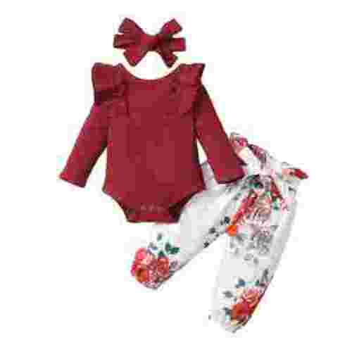 KIMI BEAR Newborn Baby Girls Winter Outfits 6-12 Months Ruffle Long Sleeves Romper Solid Color Knit Romper Top Bowknot Floral Pants with Headband 3pcs Baby Girls Warm Clothes Sets Red
