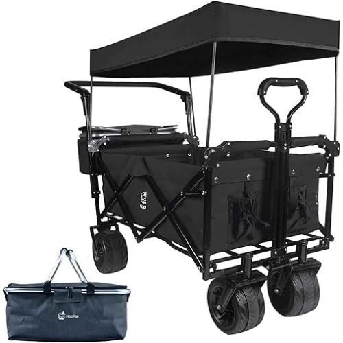 Collapsible Wagon with Canopy & Brake - All-Terrain Push Wagon Cart, 140L Foldable Steel Frame with Cup Pockets & Detachable Cooler Bag for Kids, Beach & Camping (Black)
