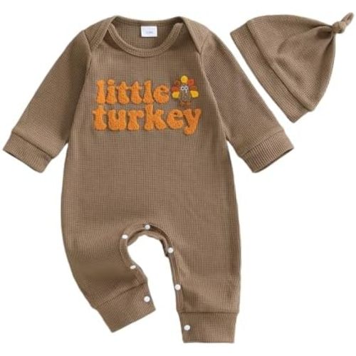 Newborn Baby Boy Thanksgiving Outfit Little Turkey Embroidery Romper Waffle Knit Long Sleeve Jumpsuit Bodysuit Hat Set
