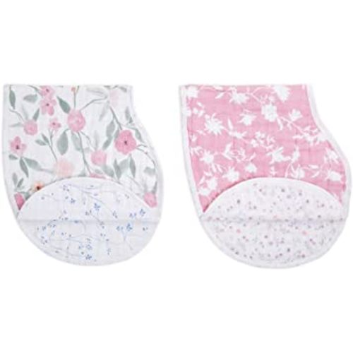 aden + anais 100% Cotton Muslin Burpy Bib – Multi-Use, Absorbent 4-Layer Burp Cloth and Full-Coverage Snap-Closure Baby Bib in One, Lap-Shoulder Drool Cloth, 22.5” X 11”, 2-Pack, Mon Fleur