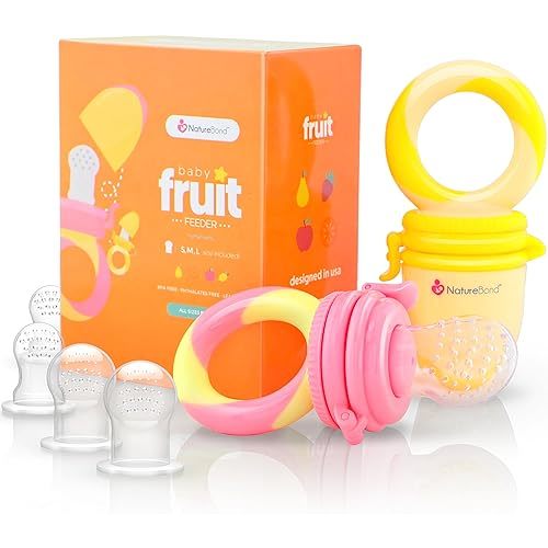NatureBond Baby Food Feeder/Fruit Feeder Pacifier Nibbler (2 Pack) - Infant Teething Toy Teether Weaning in Appetizing Colors | + Additional Silicone Sacs