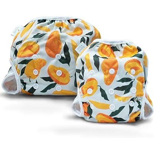 Bambio & Boo - Reusable Swim Diapers, Full Size Pack (S & L), 0-40 Months, Newborn-40lbs, Leak-Proof, Adjustable, Quick Drying for Babies & Toddlers. Ideal for Swimming Lessons (Mangoes)
