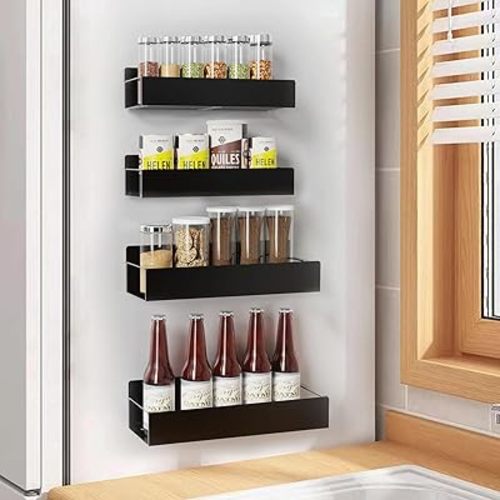 Magnetic Spice Rack for Refrigerator, 4-Tier Space-Saving Shelves, Rust-Proof Fridge Organizer with Strong Magnets, No Drill Kitchen Storage for Spices, Utensils & Baby Bottles(2 Big & 2 Small)