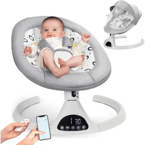 Electric Baby Swing for Infants to Toddler Portable Babies Swings Timing Function 5 Swing Speeds Bluetooth Touch Screen Music Speaker with 10 Preset Lullabies 5-Point Carabiner Gray