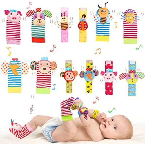 Bloobloomax Baby Soft Toy Foot Finder Socks Wrists Rattles - Ankle Leg Hand Arm Feet Rattle Toy Set- Newborn Present for Infant Toddler Boy Girl 0 3 6 9 12 24 36 Months