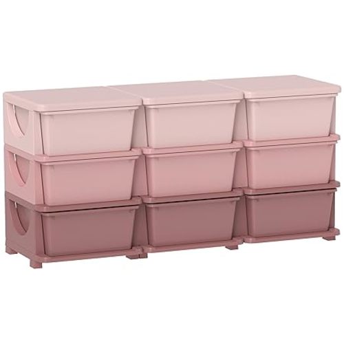 Qaba 3 Tier Kids Storage Unit, 9 Drawer Chest Toy Organizer Plastic Bins for Kids Bedroom Nursery Kindergarten Living Room for Boys Girls Toddlers, Pink
