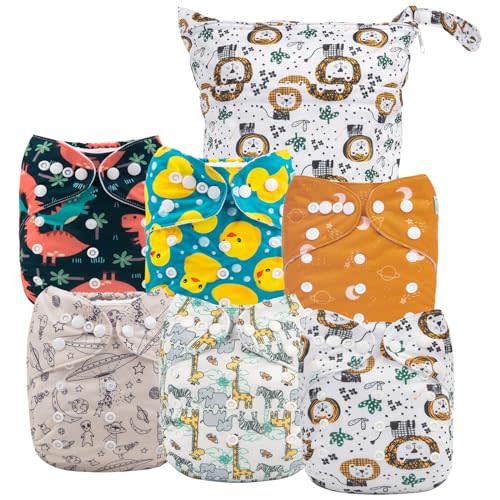 ALVABABY 6pcs Cloth Diaper Covers & 1 Wet Dry Bag, Washable Reusable Diaper Shell for Prefold with Multi-Functional Bag