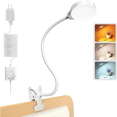 Glocusent 5W Clip on Light, 36 LED Eye Caring Reading Light for Bed, 3 Colors & 5 Brightness Clip on Lamp with Adapter, Perfect Reading Light for Bed Lamp/Bunk Bed Light