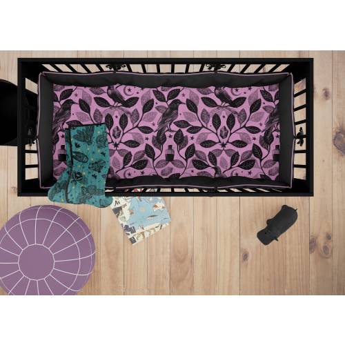 Pink Raven Crib Sheets, Witchy gothic watercolor baby cot bedding, pastel goth magick floral infant nursery decor for spooky mom baby shower