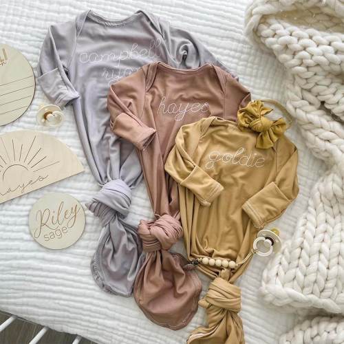 Personalized Stitched Newborn Baby Knot Gown | Warm Neutrals