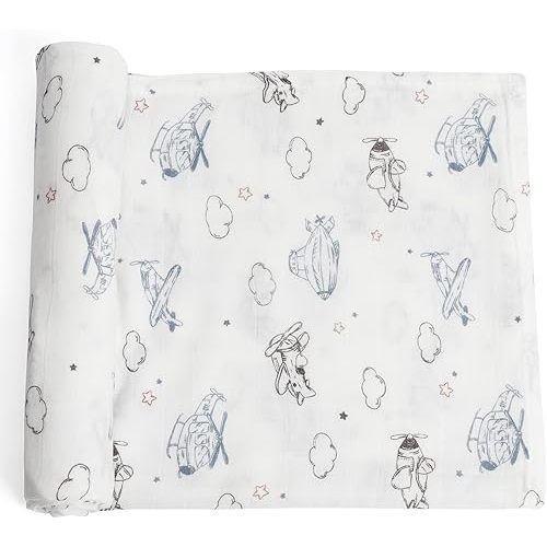Muslin Swaddle Blanket - Soft, Silky Baby Receiving Wrap for Newborns - Unisex Design, Ideal for Boys and Girls - 47x47 Inches (120x120cm) - Large and Comfortable (Airplane & Cloud)