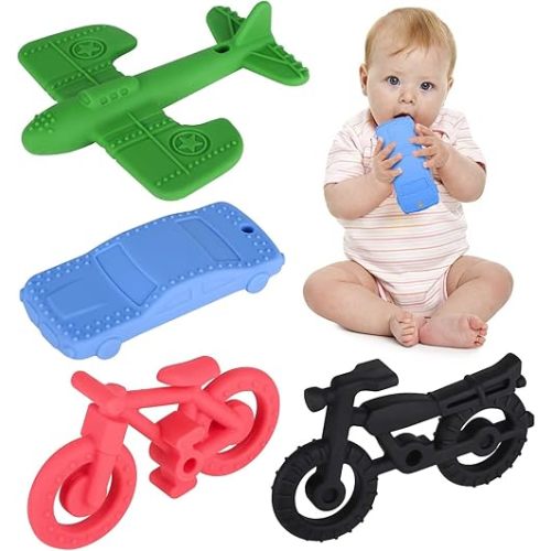 Fu Store 4-Pack Silicone Teething Toys for Infant Toddlers 3D Jet Plane Bike Car Shape Teethers for Babies Boys Girls Chew Toys Relief Soothe Babies Gums Set BPA Free Dishwasher Refrigerator Safe
