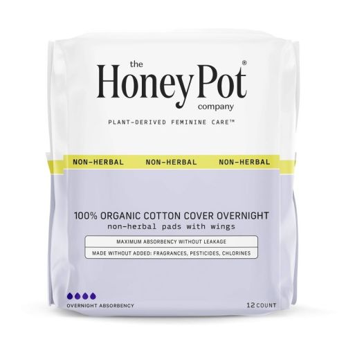 The Honey Pot Company, Non-herbal Overnight Pads With Wings, Organic Cotton Cover - 12 Ct