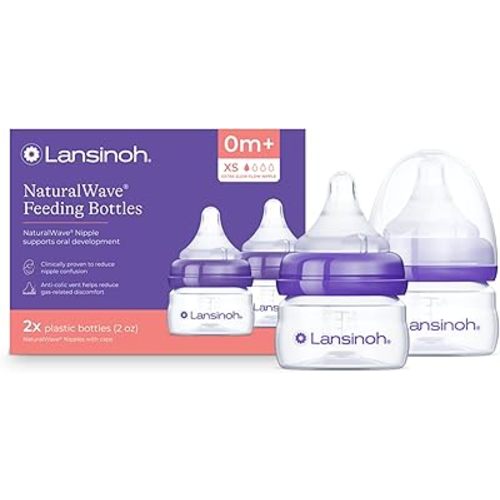 Lansinoh Anti-Colic Baby Bottles for Breastfeeding Babies, 2 Ounces, 2 Count, with 2 Extra Slow Newborn Flow Nipples, Size XS