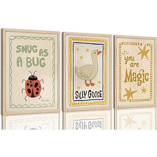 SongZest OAK Wood Framed Wall Art Funny Nursery Canvas Wall Art Cute Animal Pictures Wall Decor Set of 3 Whimsical Silly Goose Paintings Artwork for Kids Bedroom Bathroom Playroom 12x16in
