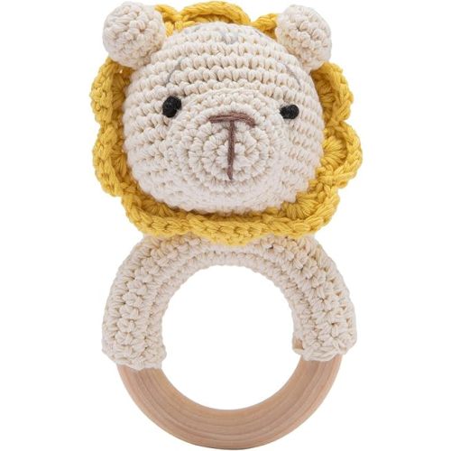 Youuys Wooden Baby Rattle Toys, Easter Rattle for Baby Crochet Lion Rattle Toy Natural Wood, Shaker Rattle for Hand Grips, Boy Girl First Rattle Gift, Newborn Gifts (Lion)