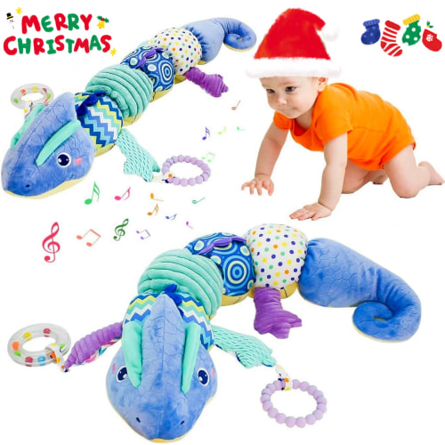 Ludolm Baby Musical Stuffed Animal Toy with Soft Sensory Rattles and Crinkle Newborn Plush Tummy Time Toys 6+ Months Old Baby Gift, Blue Chameleon 23 Inch (MMC-006)