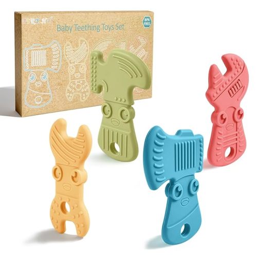 TYRY.HU Baby Teething Toys for Babies 0-6 Months 6-12 Months, BPA Free Silicone Baby Molar Teether Chew Toys, Hammer Wrench Spanner Pliers for Boys Girls, Soft-Textured, Easy to Hold & Clean, 4 Packs