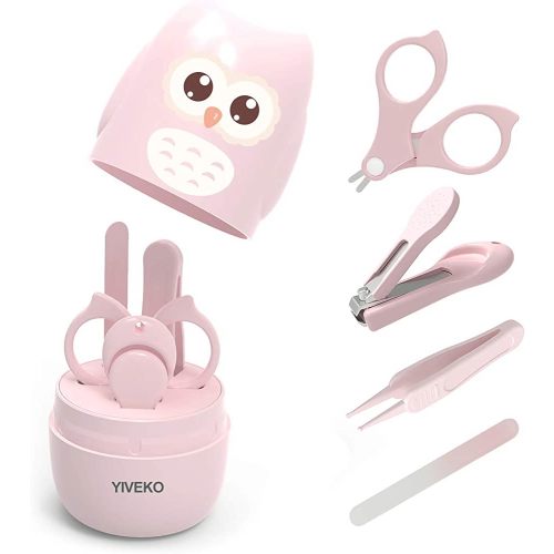 Baby Nail Kit, 4-in-1 Baby Nail Care Set with Cute Case, Baby Nail Clippers, Scissors, Nail File & Tweezers, Baby Manicure Kit and Pedicure kit for Newborn, Infant, Toddler, Kids-Owl Pink