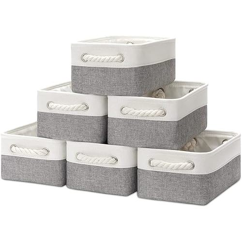 Bidtakay Small Baskets for Organizing Fabric Storage Baskets for Shleves 6 Pack Collapsible Closet Storage Bins with Handles Linen Organizer Baskets for Bathroom Nursery Home Storage (White&Grey)