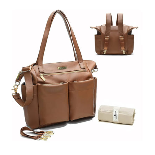 miss fong Diaper Bag Tote Leather Diaper Bag Backpack Large Tote Bag,Baby Diaper Bag for Women with 11 Pockets,Changing Pad, Stroller Straps,4 Insulated Pockets