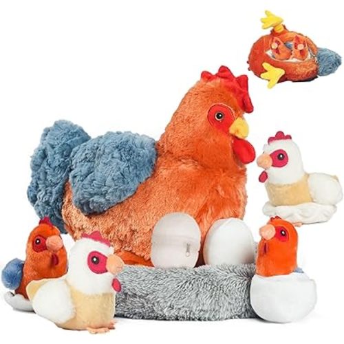 9 in 1 Chicken Stuffed Animal Set, Stuffed Chicken Plush Toys for Kids, Egg Laying Hen with Zippered Belly, Eggs, Baby Chicks Plush Chickens and Coop for Girls Boys Birthday Easter
