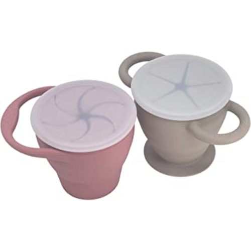 BraveJusticeKidsCo. | Snack Attack I&II Baby Snack Cup | 2 pack | Silicone Collapsible Toddler Snack Cup (Dusty Rose and Fog)