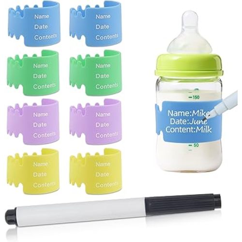 8PCS Silicone Baby Bottle Labels for Daycare Writable Bottles Label Reusable Bottle Bands for Daycares for Write Name/Date Labels for Baby Bottles Name Bands Anti-Slip 4 Colors