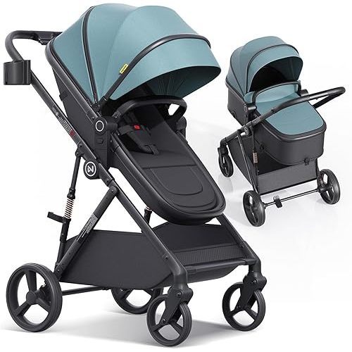 newyoo Infant Stroller with Bassinet, Convertible Baby/Toddler Strollers w Reversible Seat & Cup Holder, Coches para Bebes, 2-in-1 Rear-Facing Pram, One-Hand Quick Fold, Revo C10, Blue