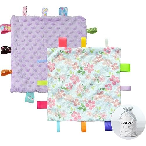 CREVENT Tag Security Blankets for Babies, Soft Small Loveys for Girls, Baby Comforter Sensory Blanket, Great Gifts for Birthday Baby Shower 10"X10" (Wildflow+Purple)
