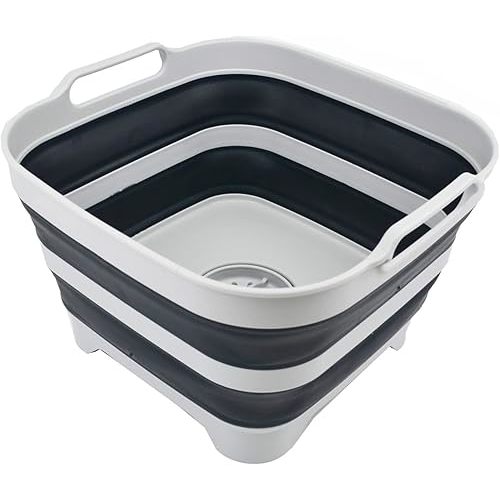 SAMMART 10L (2.64 Gallon) Collapsible Dishpan with Draining Plug - Foldable Washing Basin - Portable Dish Washing Tub - Space Saving Kitchen Storage Tray (Grey/Slate Grey)