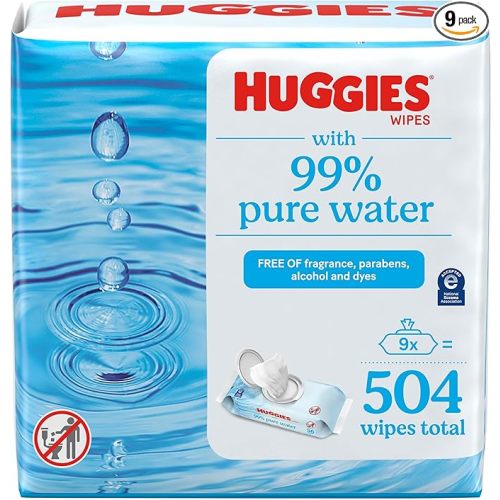 Huggies 99% Pure Water Baby Wipes, Unscented, 9 flip-top packs (3 Packs of 3), 504 Wipes Total, Packaging May Vary - 56 Count (Pack of 9)